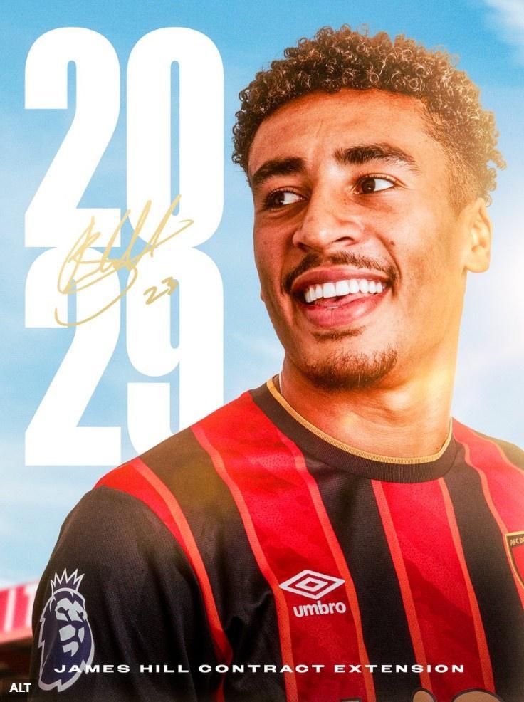 再培养中卫！伯恩茅斯官方：续约23岁詹姆斯-希尔至2029年